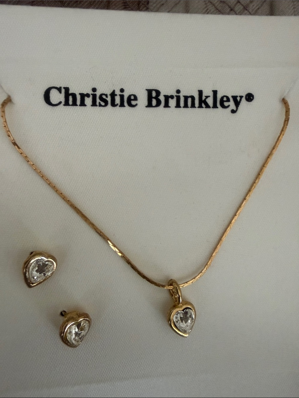 Christie Brinkley Gold Heart Necklace and Earrings Set with Clear Stones